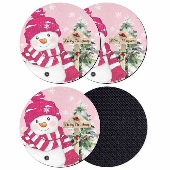 Pink Christmas Coasters Set of 4, Absorbent Coasters for Drinks, Winter Snowman Pine Tree Snowflakes Coaster for Desk Coffee Table Protection, Home Decor House Warming Gifts 4"