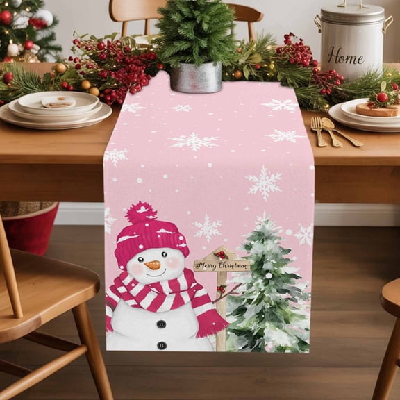 Pink Christmas Cotton Linen Table Extra Long Runner 13 x 120 inch Winter Snowman Pine Tree Snowflakes Non-slip Rectangular Dining Table Decor for Wedding Party Holiday Dinner