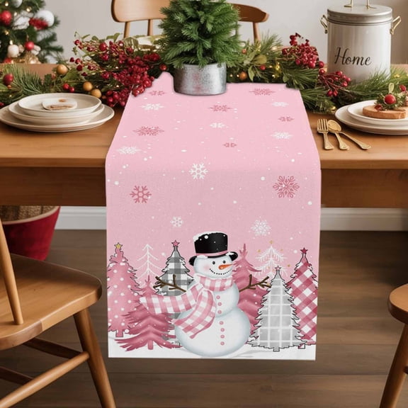 Pink Christmas Cotton Linen Table Runner Snowman Dining Table Runners for Home Decor Party Dining Room Restaurant Kitchen Party 13" x 36"