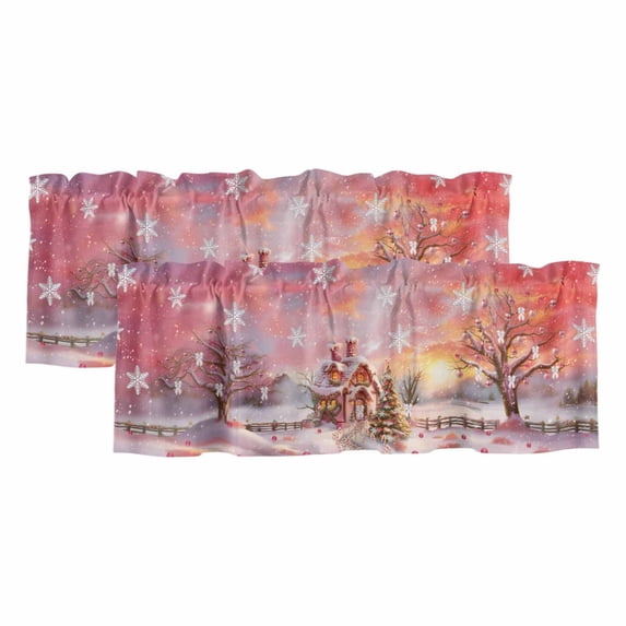 Pink Christmas Curtain Valances for Windows, Kitchen Valance Window Treatments Panel 2 Pack, Snowflake Watercolor Xmas Tree Rod Pocket Short Curtains for Bathroom Bedroom 42 x 18 Inch