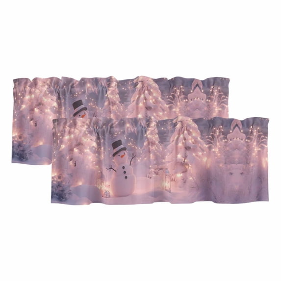 Pink Christmas Curtain Valances for Windows, Kitchen Valance Window Treatments Panel 2 Pack, Snowman Xmas Tree Snowflake Rod Pocket Short Curtains for Bathroom Bedroom 54 x 18 Inch