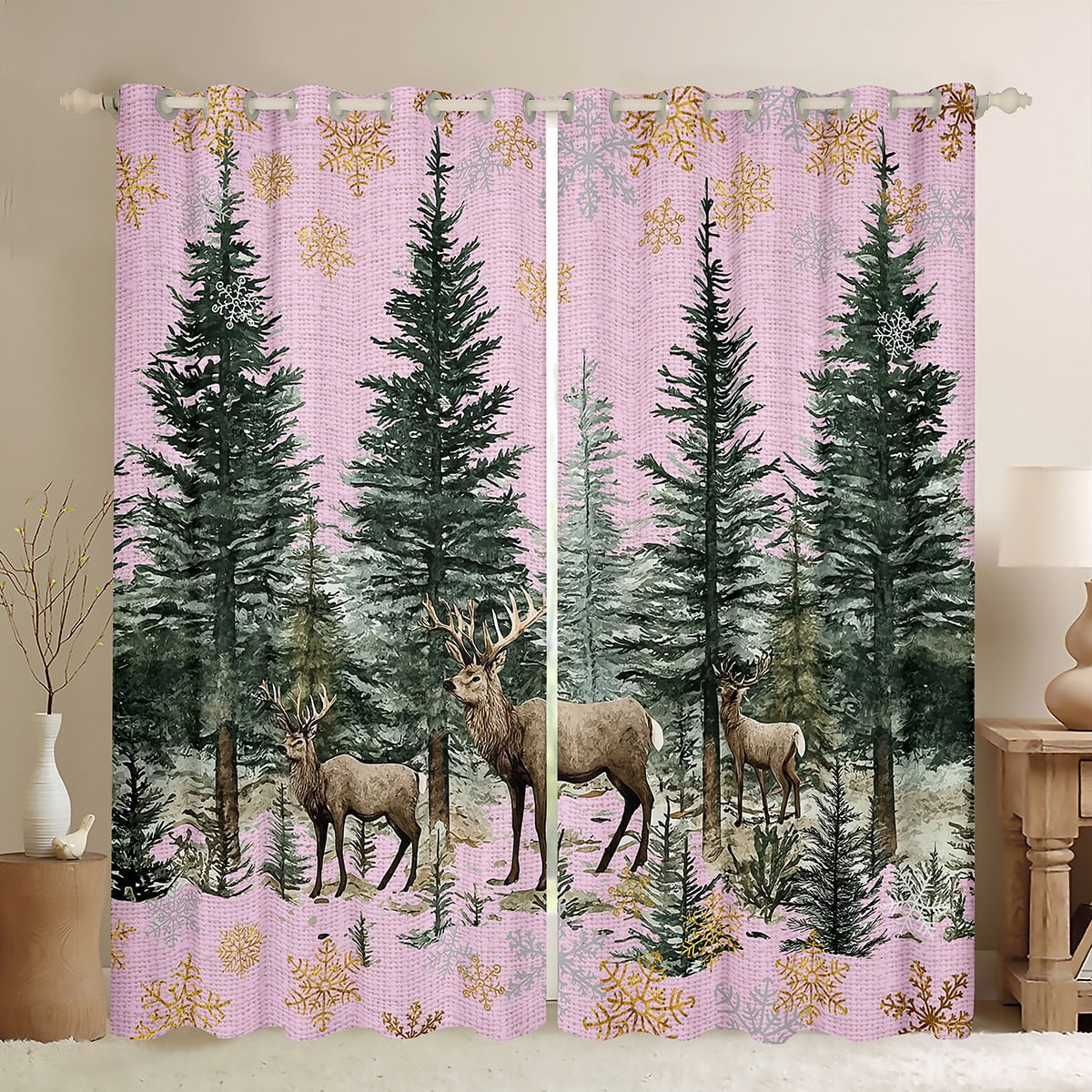 Pink Christmas Curtains for Living Room Bedroom,Watercolor Elk Deer
