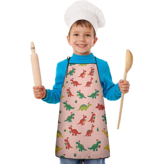 Pink Christmas Dinosaurs Pattern Kids Aprons for Girls and Boys,Adjustable Neck Strap Toddler Aprons for Kids Cooking Baking