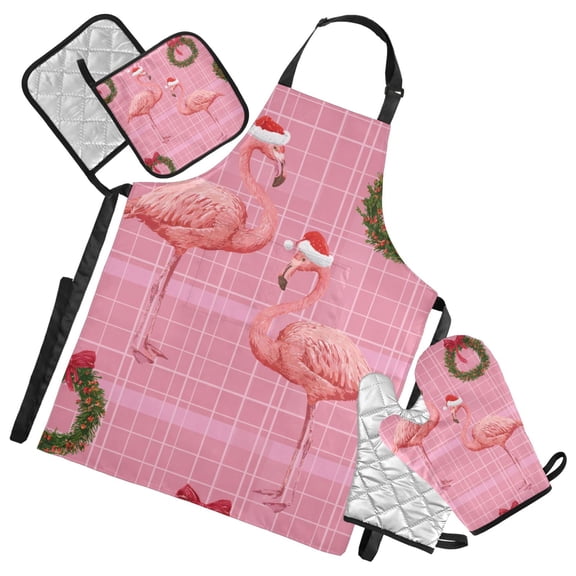 Pink Christmas Flamingo Wreath with Bows Apron Set with Oven Mitts Pot Holders Set of 5 Kitchen Stuff Accessories