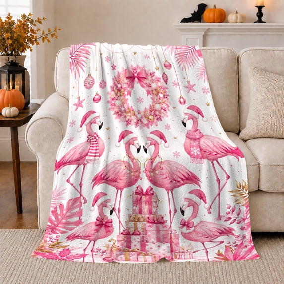 Pink Christmas Flamingos with Wreath and Presents, Cozy Flannel Blanket for Flamingo Lovers and Watercolor Art Fans, Christmas Gift for Women, Bedroom and Living Room Home Decor