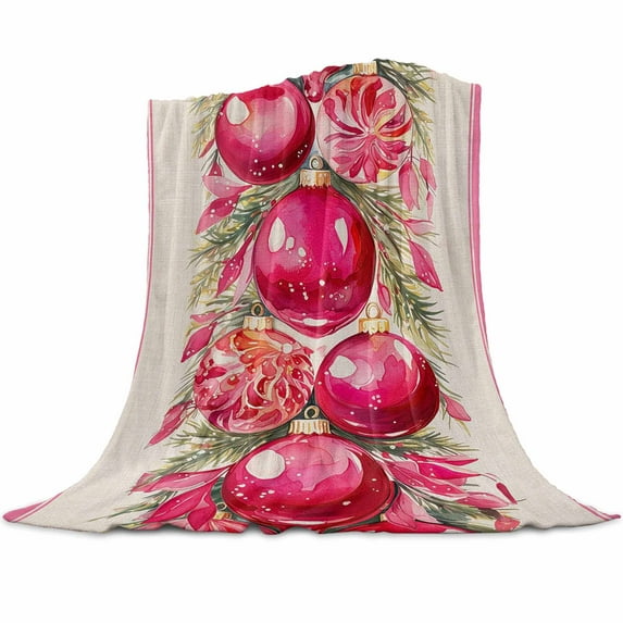 Pink Christmas Flannel Blanket for Bed,Travel and Camping, Balls Poinsettia Floral Super Soft Cozy Blanket for All Seasons 30"x40"