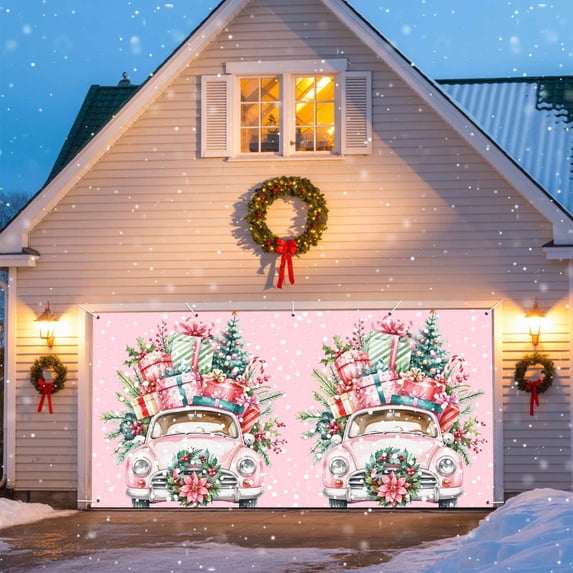 Tree Protection Flagging Pink Christmas Garage Door Banner 6.9x16 Ft, Xmas Truck Gifts Trees ...