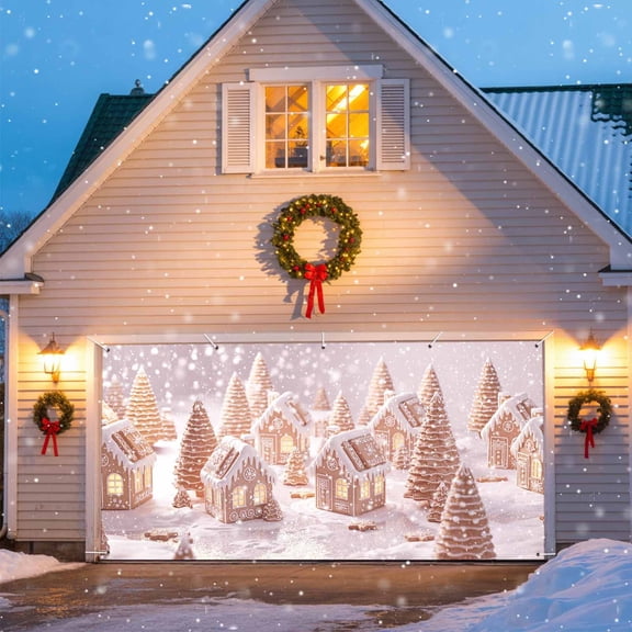 Pink Christmas Garage Door Banner Covers, Xmas Tree Ginger Bread House Snowflake Fantasy Large Hanging Indoor/Outdoor Backdrop Background for Christmas Winter Party Decor, 6.9x8 FT