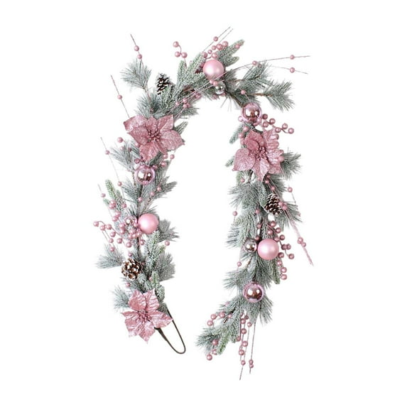 Pink Christmas Garland 5.9 FT with Magnolia Flowers, Flocked Artificial Swag for Mantle Decor, Pink White Christmas Decorations for Indoor Outdoor Holiday Home Party Decor