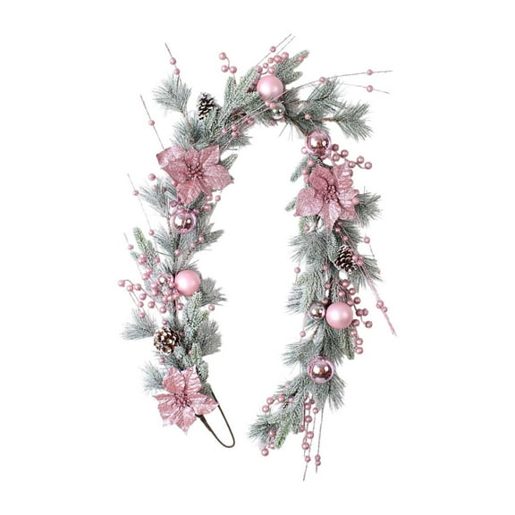 Pink Christmas Garland 5.9 FT with Magnolia Flowers, Flocked Artificial Swag for Mantle Decor, Pink White Christmas Decorations for Indoor Outdoor Holiday Home Party Decor