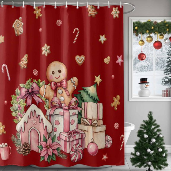 Pink Christmas Gift Shower Curtains for Bathroom, Ginger Bread Man Xmas Tree Red Winter Waterproof Fabric Shower Curtain for Bathroom Bathtub Decoration, Machine Washable, 72"x84"