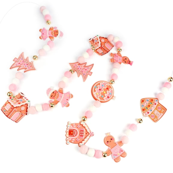 Pink Christmas Gingerbread Felt Garland 6 Ft 9 Piece Decor