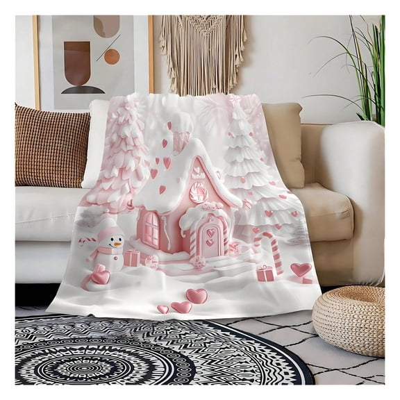 Pink Christmas Gingerbread House Blanket with Snowman and Candy Canes for Couch and Bed