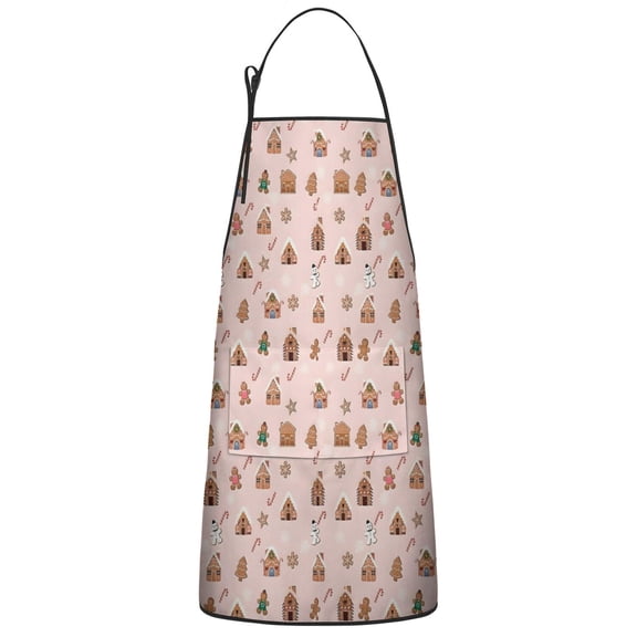 Pink Christmas Gingerbread House Pattern Apron-Garden Aprons for Women with Pockets-Cotton Linen Waterproof Kitchen Cooking Gardening Aprons Adjustable for Kitchen,Cooking,BBQ and Salon 33"x27"