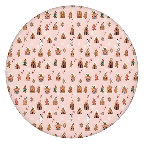 Pink Christmas Gingerbread House Pattern Round Fitted Tablecloth with Elastic Edge,Dining Table Cover Waterproof,Outdoor Round Tablecloth for Camping,Dining,Indoor and Outdoor