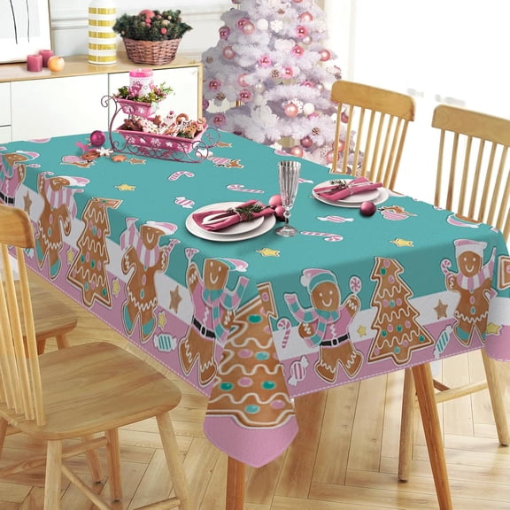 Pink Christmas Gingerbread Man Rectangle Tablecloth 60 x 84 Inch, Xmas Tree Peppermint Candy Decorative Table Cloth Dining Table Cover, Winter Holiday Dinner Party Picnic Decoration