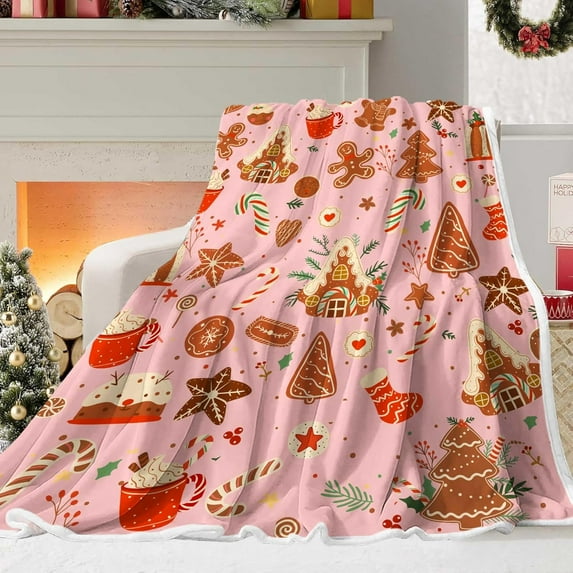 Pink Christmas Gingerbread Man Throw Blanket, Winter Cute Star Snowflakes Candy Cane Throws Blankets, Xmas Soft Lightweight Holiday Blanket for Couch Sofa Bed Chair Living Rooms Decor 40X50IN