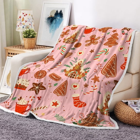 Pink Christmas Gingerbread Man Throw Blanket, Winter Cute Star Snowflakes Candy Cane Throws Blankets, Xmas Soft Lightweight Holiday Flannel Blanket for Couch Sofa Bed Chair Living Rooms Decor, 50X60IN