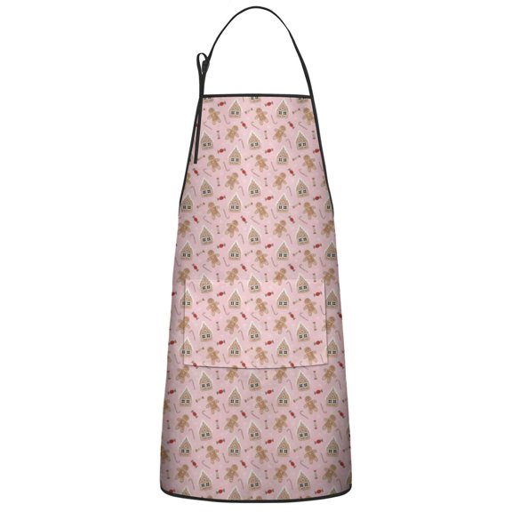 Pink Christmas Gingerbread Pattern Apron-Garden Aprons for Women with Pockets-Cotton Linen Waterproof Kitchen Cooking Gardening Aprons Adjustable for Kitchen,Cooking,BBQ and Salon 33"x27"