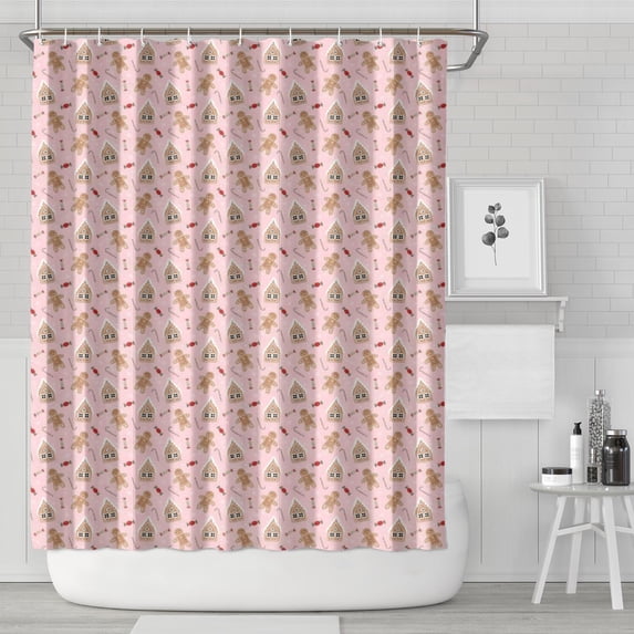 Pink Christmas Gingerbread Pattern Shower Curtain 72"x84" ,Bathroom Decorative Shower Curtains Set with 12 Hooks,Modern Waterproof Washable Shower Curtain