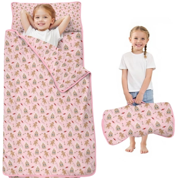 Pink Christmas Gingerbread Pattern Toddler Nap Mats for Kids Preschool,50"x20" Sleeping Mat Bag or Kids,Toddler Sleeping Bag,Toddler Nap Mat or Daycare