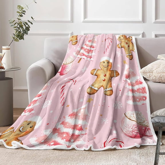 Pink Christmas Gingerbread Throw Blanket, Christmas Gingerbread Man Xmas Tree Winter Flannel Warm Throw Blankets Soft Cozy Decorative for Home Bed Sofa Couch Decor, 60 x 80 Inch