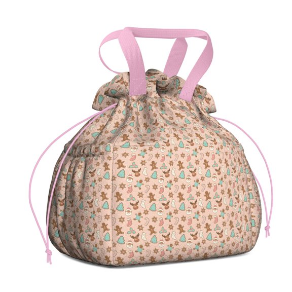 Pink Christmas Gingerbread and Tree Pattern Drawstring Lunch Bag Women - Drawstring Lunch Bag Insulated for Work Office - Stain-Resistant Large Lunchbags for Women with Multi-Pockets