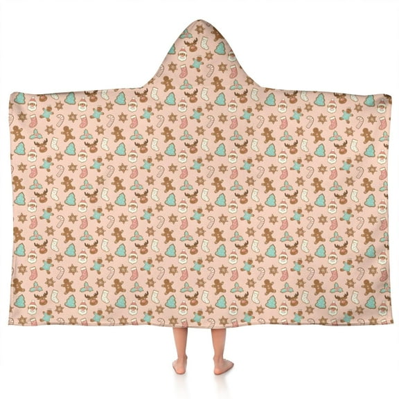 Pink Christmas Gingerbread and Tree Pattern Hooded Bath Towel，50"x30" for Ages 3 To 12 Kids, Quick Dry Lightweight Soft Microfiber Hood Beach Towel Cover Up for Kids