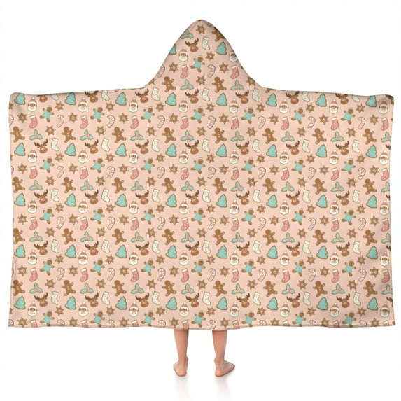 Pink Christmas Gingerbread and Tree Pattern Hooded Bath Towel,50"x30" for Ages 3 To 12 Kids, Quick Dry Lightweight Soft Microfiber Hood Beach Towel Cover Up for Kids