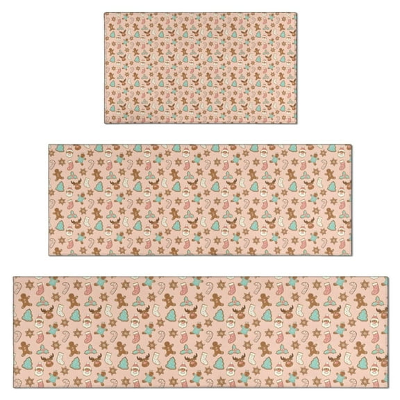 Pink Christmas Gingerbread and Tree Pattern Kitchen Rugs Sets Of 3,Kitchen Runner Rugs Non Skid Washable,Decorative Kitchen Floor Mats for Kitchen,Sink,Laundry,17"x30"+ 17"x47" + 17"x59"