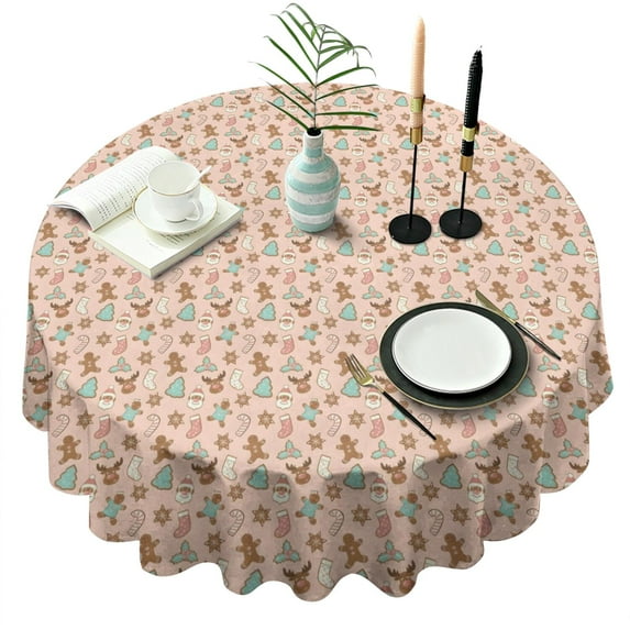 Pink Christmas Gingerbread and Tree Pattern Round Tablecloth 60"x60",Wrinkle Wipeable Table Cloth for Kitchen Dining Room Picnic Patio Party