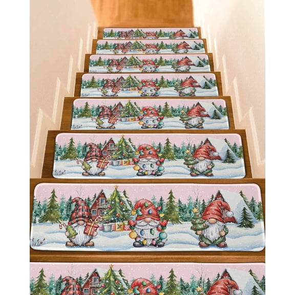 Pink Christmas Gnomes Stair Treads for Wooden Steps Indoor Runner Rug Carpet, Xmas Winter Forest Pine Tree 15 Pieces Peel and Stick Staircase Step Treads Covers Washable Throw Door Mats, 30"x8"