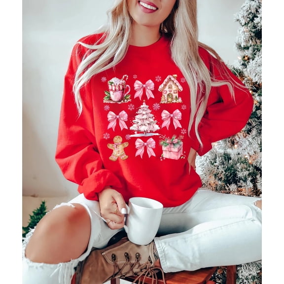 Pink Christmas Holiday shirt Winter Decoration Sweatshirt with Gingerbread Bow and Snowflakes Festive Christmas Tree Shirt