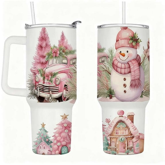 Pink Christmas Insulated Tumbler with Lid and Straw, Snowman and Vintage Truck Winter Scene Stainless Steel Travel Mug with Handle, Holiday Gingerbread House Cup