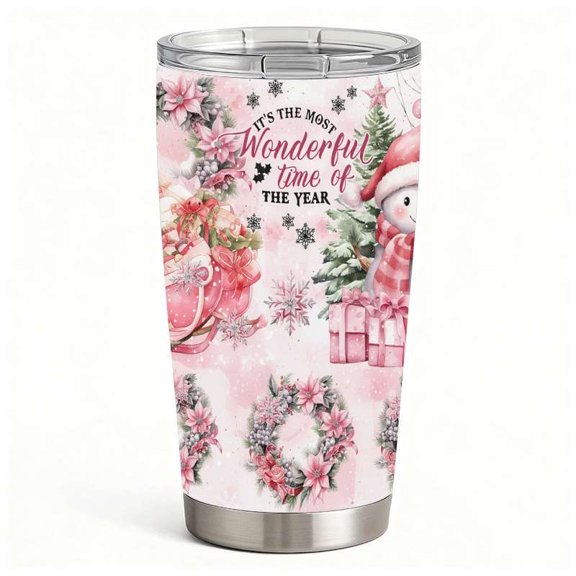 Pink Christmas Insulated Tumbler, Snowman Holiday Quote Travel Mug with Lid & Straw, Winter Coffee Cups Gift
