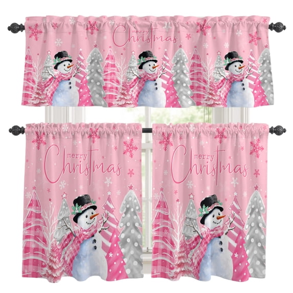 Pink Christmas Kitchen Curtains, Kitchen Curtains and Valances Set of 3, Xmas Snowman Snowflake Tree Gray Light Filtering Tailored Tier Curtain 24 Inch Length Drapes for Cafe Sink Bedroom