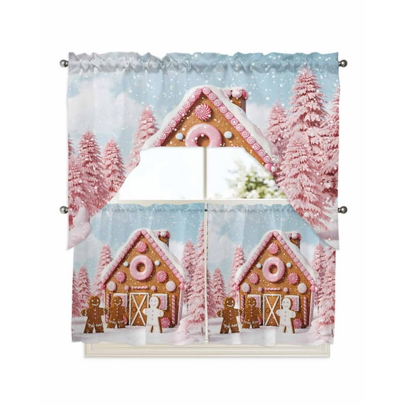Pink Christmas Kitchen Curtains Swag Valance and Tier Curtains Set 24 Inch Length, Xmas Tree Blue Sky Snowflake Farmhouse Rod Pocket Drape Panels Pair Swag Curtains for Bathroom/Cafe/Window