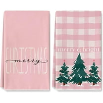 Pink Christmas Kitchen Towel Plaids Xmas Tree Dish Towel 18 x 26 Inch Merry & Bright Hand Drying Tea Towel for Cooking Wiping, 2Pcs