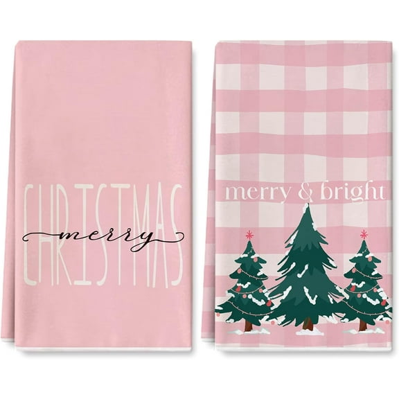 Pink Christmas Kitchen Towel Plaids Xmas Tree Dish Towel 18 x 26 Inch Merry & Bright Hand Drying Tea Towel for Cooking Wiping, 2Pcs