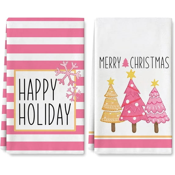 Pink Christmas Kitchen Towel Xmas Tree Happy Holiday Dish Towel 18 x 26 Inch Seasonal Hand Drying Tea Towel for Winter Cooking Baking Cleaning Wiping, 2 Pack