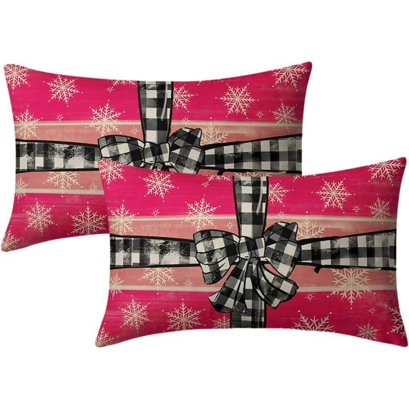 Pink Christmas Lumbar Pillow Covers 12x20 Set of 2 Rustic Xmas Snowflakes Holiday Decoration Plaid Print Decorative Outdoor Pillowcases Winter Gift Throw Cushion Case Decor for Couch Sofa Bed