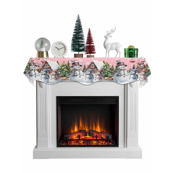 Pink Christmas Mantel Scarf Fireplace Decorations for Living Room, Xmas Winter Snowman Snowflakes Trees Fireplace Mantel Scarf Cover Runner for Halloween/Thanksgiving/Christmas Decor 60"x17"