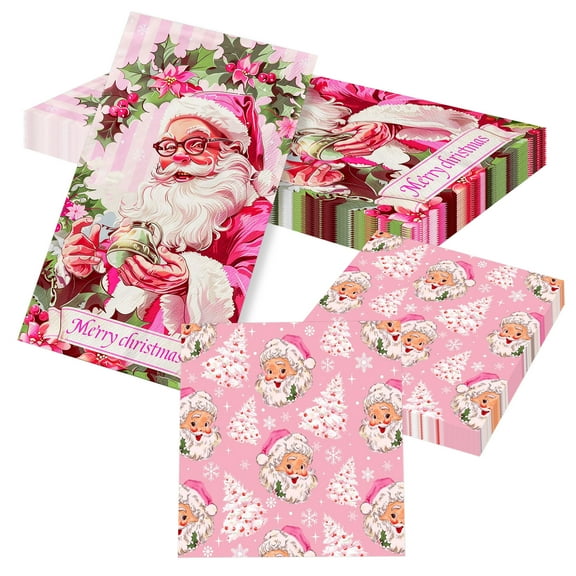 Pink Christmas Napkins Set - 40Pcs Cute Santa Snowflake Printed Disposable Tableware