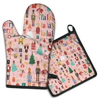 Pink Christmas Nutcracker Pattern Kitchen Oven Mitt and Pot Holder Sets 2 Pcs for Baking, Cooking and Grilling, Heat Resistant Up To 392 °F