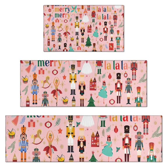 Pink Christmas Nutcracker Pattern Kitchen Rugs Sets Of 3,Kitchen Runner Rugs Non Skid Washable,Decorative Kitchen Floor Mats for Kitchen,Sink,Laundry,17"x30"+ 17"x47" + 17"x59"