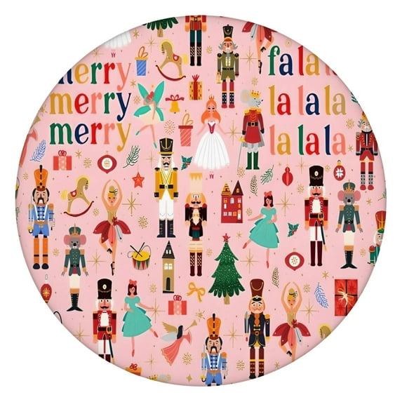 Pink Christmas Nutcracker Pattern Round Fitted Tablecloth with Elastic Edge,Dining Table Cover Waterproof,Outdoor Round Tablecloth for Camping,Dining,Indoor and Outdoor