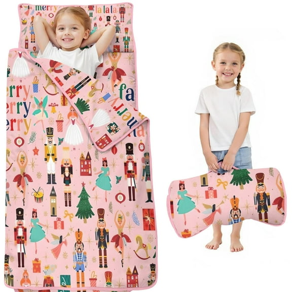 Pink Christmas Nutcracker Pattern Toddler Nap Mats for Kids Preschool,50"x20" Sleeping Mat Bag or Kids,Toddler Sleeping Bag,Toddler Nap Mat or Daycare