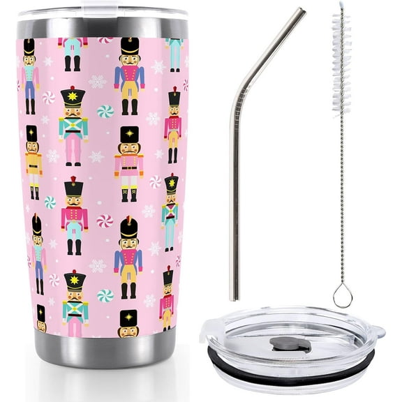 Pink Christmas Nutcracker Tumbler Stainless Steel Travel Tumbler with Lid Straw and Brush Xmas Winter Coffee Mug Cup for Holiday Birthday Gift