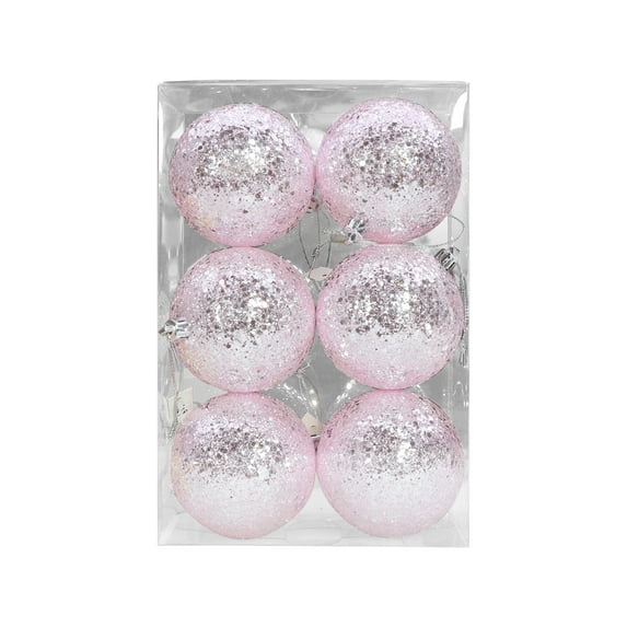 Pink Christmas Ornament Set 6 Pieces Sparkling Balls 2.4 Inches Pink Color For Tree Wreath Garland Decor
