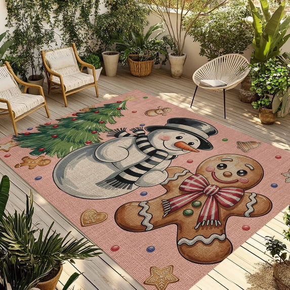 Pink Christmas Outdoor Rug for Patio/Deck/Porch, Non-Slip Large Area Rug 4 x 6 Ft, Xmas Tree Gingerbread Snowman Winter Indoor Outdoor Rugs Washable Area Rugs, Reversible Camping Rug Carpet Runner
